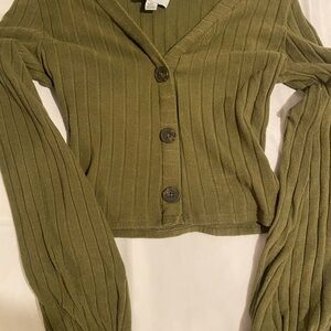 City Steet Ribbed Knit Cropped Blouse Olive Green Button Balloon Sleeve Size S